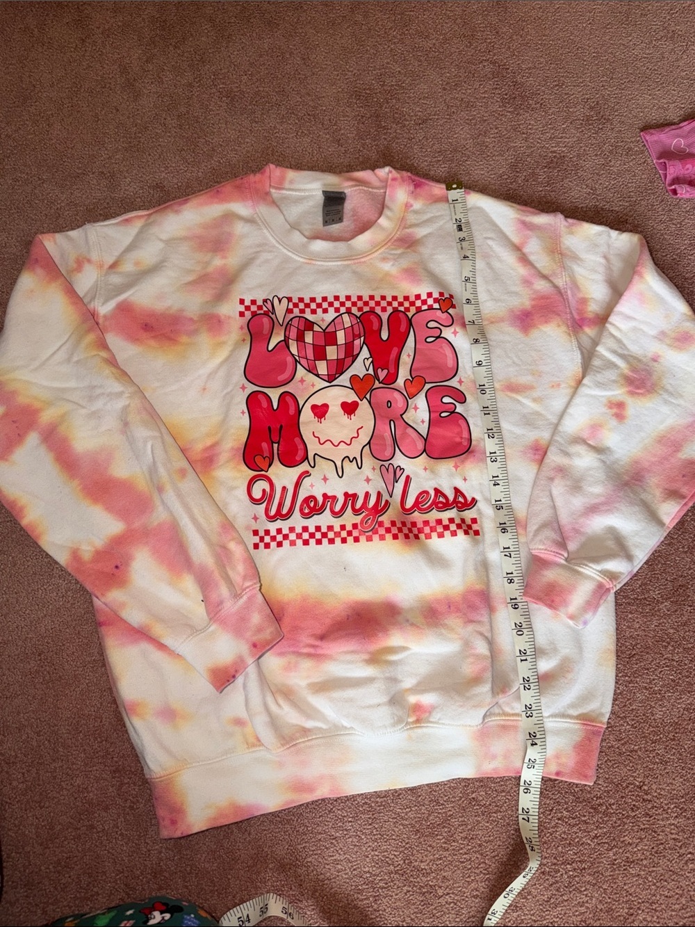 Gildan Pink & Yellow Tie-Dye 'Love More Worry Less' Crewneck Sweatshirt